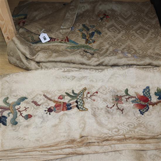 A crewel worked panel c.20th century with birds, animals and figures and a similar panel with a border embroidery
